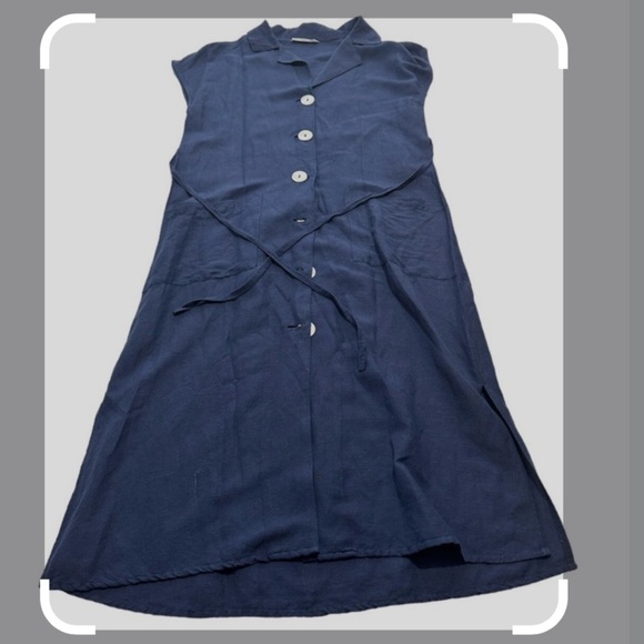 mango navy blue button front linen blend midi dress - Picture 1 of 10